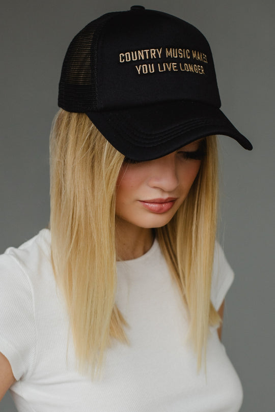 black country music trucker hat, country music makes you live longer, black trucker hat, women's trucker hat