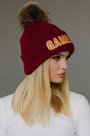 maroon and gold game day pom hat, game day hat, maroon pom hat, winter hat, women's pom hat