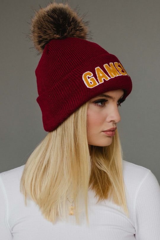 maroon and gold game day pom hat, game day hat, maroon pom hat, winter hat, women's pom hat