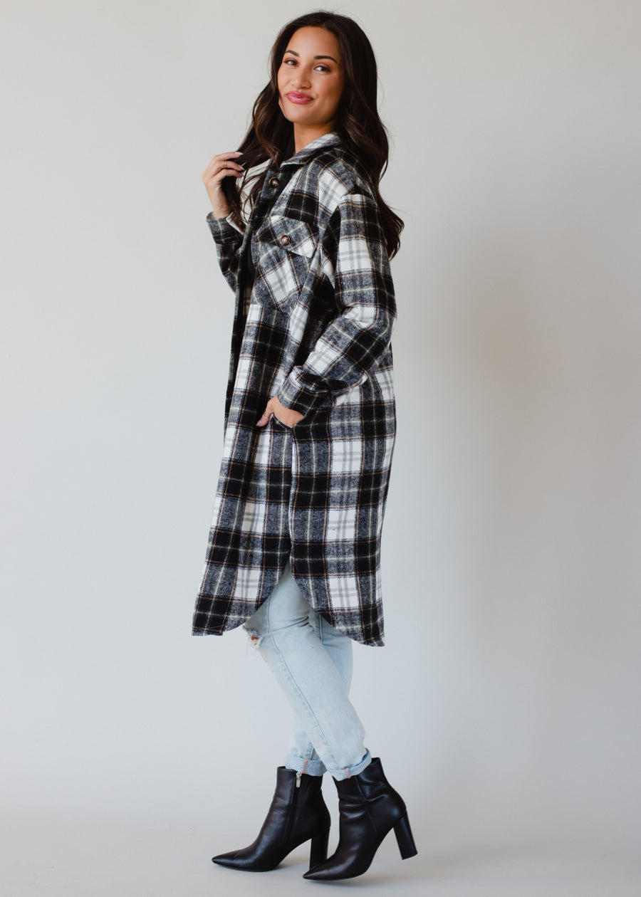 black, white, olive and tan plaid long flannel
