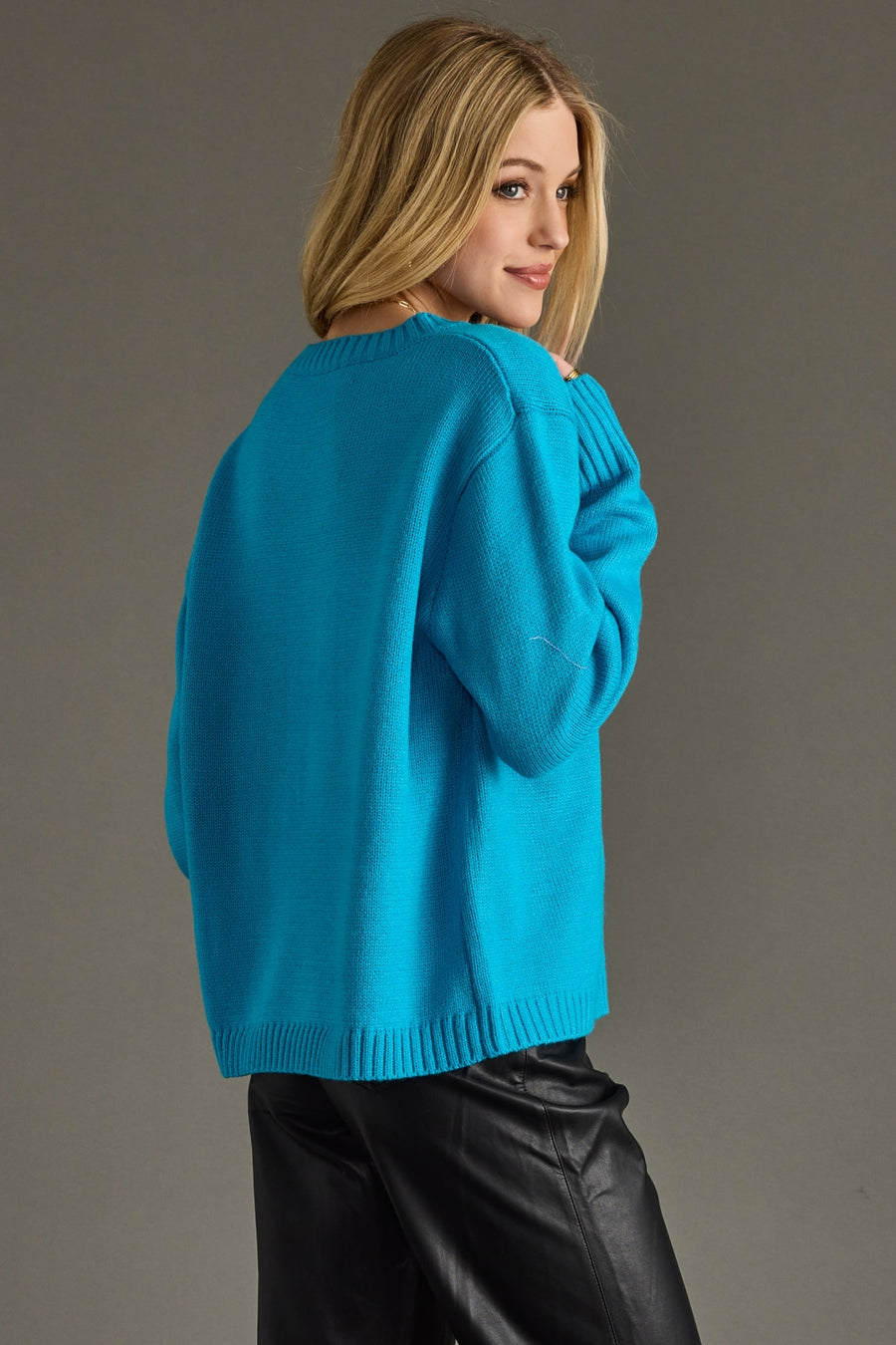 blue and pink ski sweater, ski sweater, bright blue sweater, colorful sweater, women's sweater