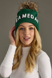 green and white game day pom hat, green pom hat, game day hat, winter hat, women's pom hat