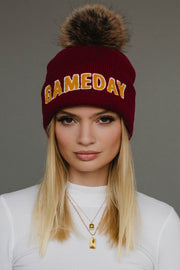 maroon and gold game day pom hat, game day hat, maroon pom hat, winter hat, women's pom hat
