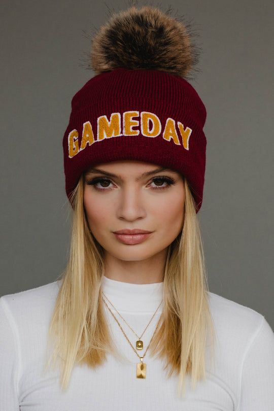 maroon and gold game day pom hat, game day hat, maroon pom hat, winter hat, women's pom hat