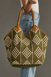 Close-up of Panache Apparel Collection’s olive and cream diamond pattern tote with tan shoulder straps.