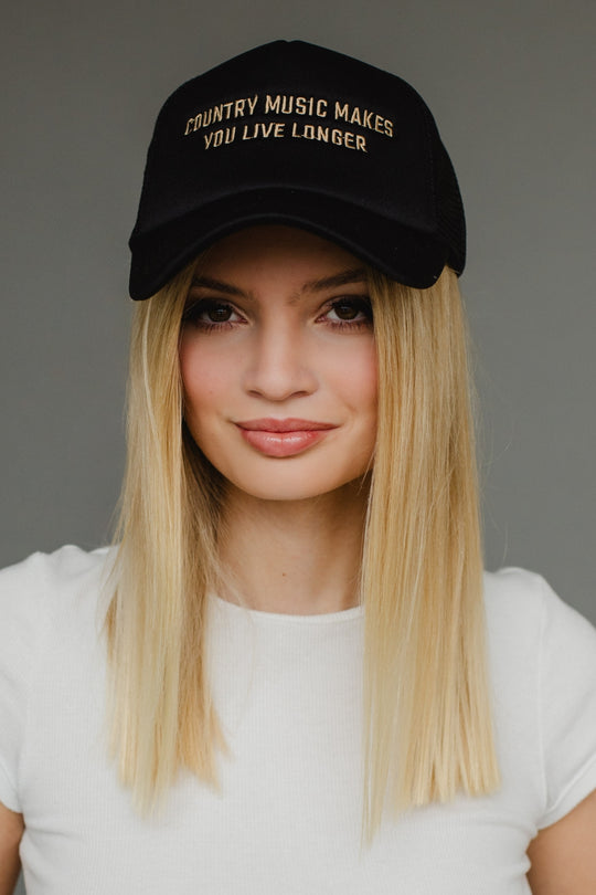 black country music trucker hat, country music makes you live longer, black trucker hat, women's trucker hat