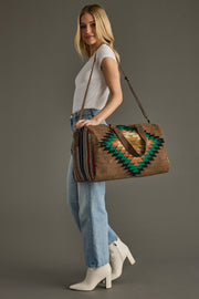 brown and multicolored western-inspired duffel bag, western duffel, aztec-inspired duffel, weekender, women's duffel, fall duffel