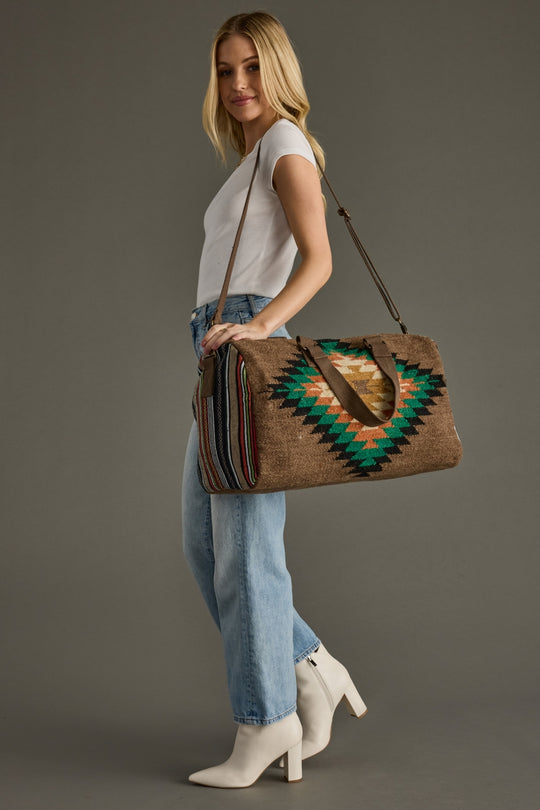 brown and multicolored western-inspired duffel bag, western duffel, aztec-inspired duffel, weekender, women's duffel, fall duffel
