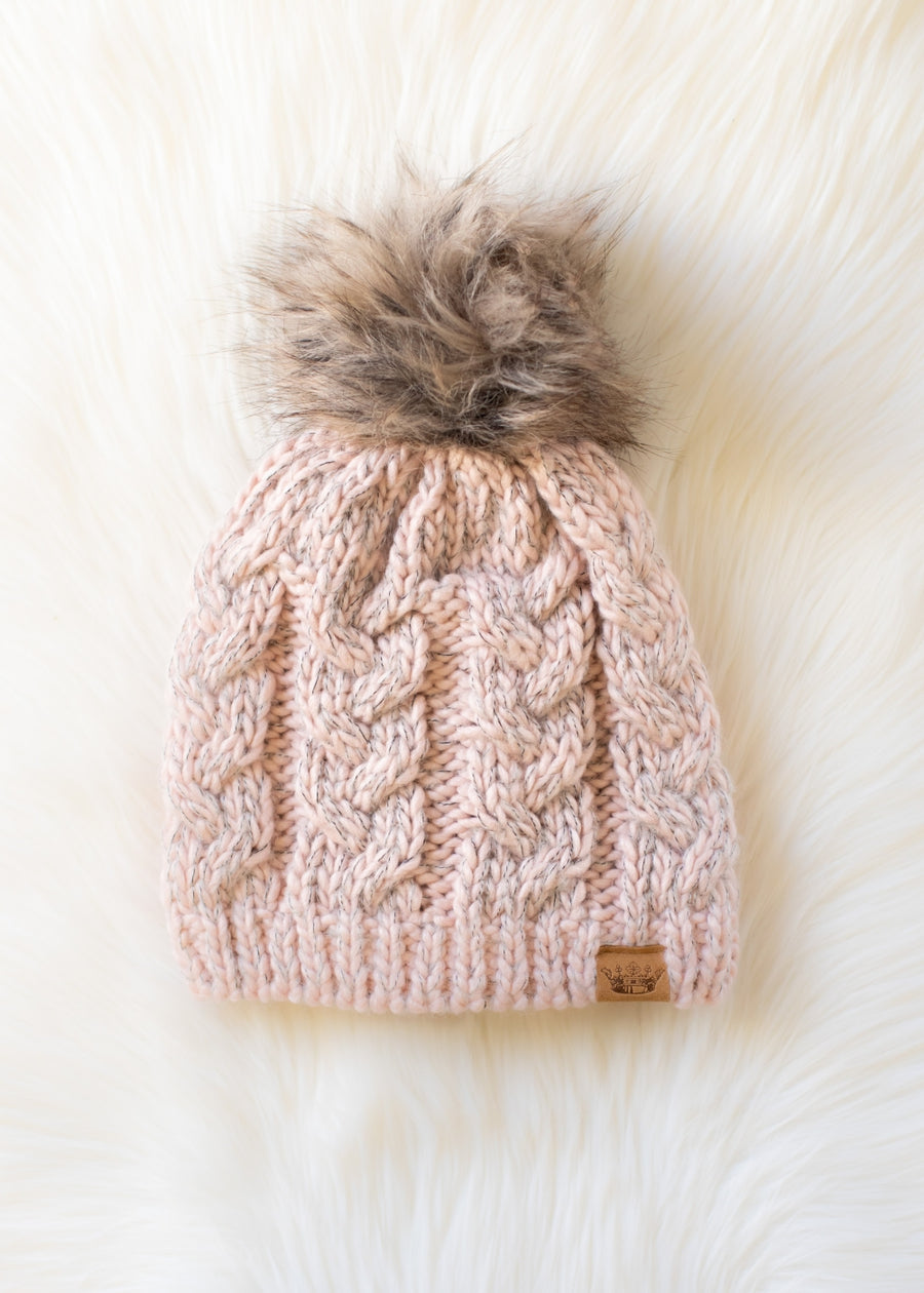 Blush cable knit pom hat