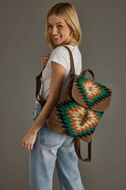 brown and multicolored western-inspired backpack, western backpack, aztec-inspired backpack, women's backpack, fall backpack