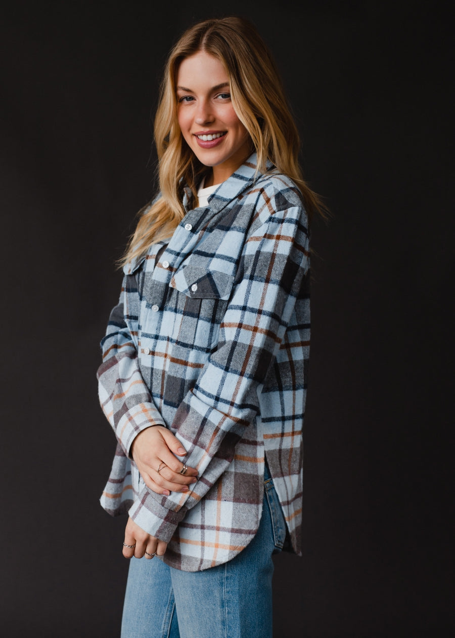 blue, navy, gray and brown plaid flannel
