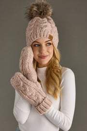 Blush cable knit pom hat