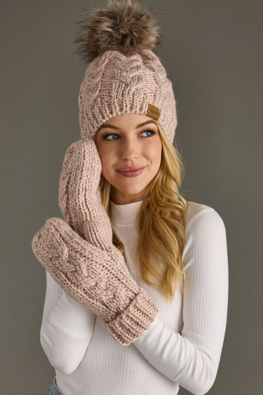 Blush cable knit pom hat