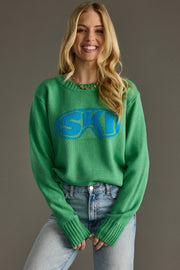 green and blue ski goggle sweater, green sweater, ski sweater, colorful sweater, women's sweater, ski trip
