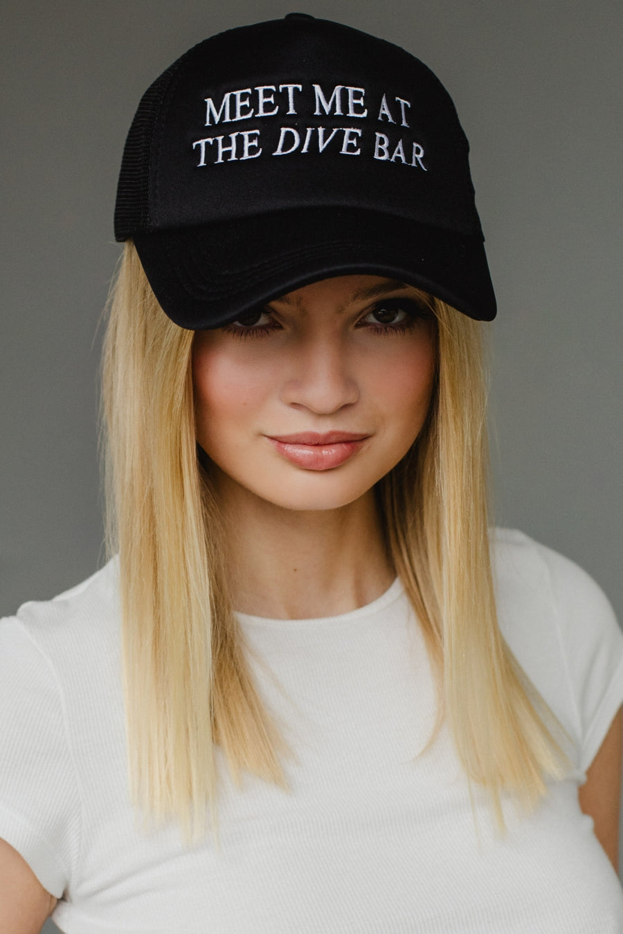 meet me at the dive bar trucker hat, black trucker hat, dive bar trucker hat, neutral trucker hat, women's trucker hat