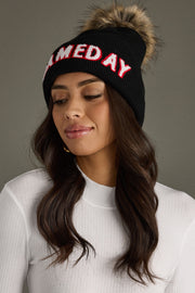 black, white and red game day pom hat, black pom hat, game day hat, winter hat, women's pom hat