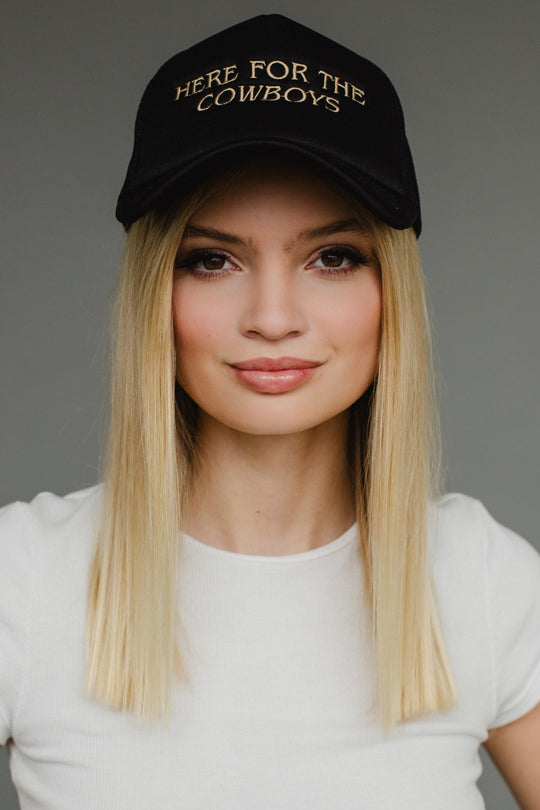 black here for the cowboys trucker hat, here for the cowboys, black trucker hat, women's trucker hat