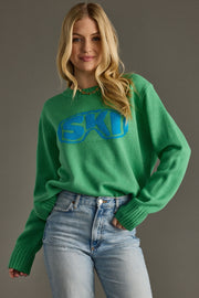 green and blue ski goggle sweater, green sweater, ski sweater, colorful sweater, women's sweater, ski trip