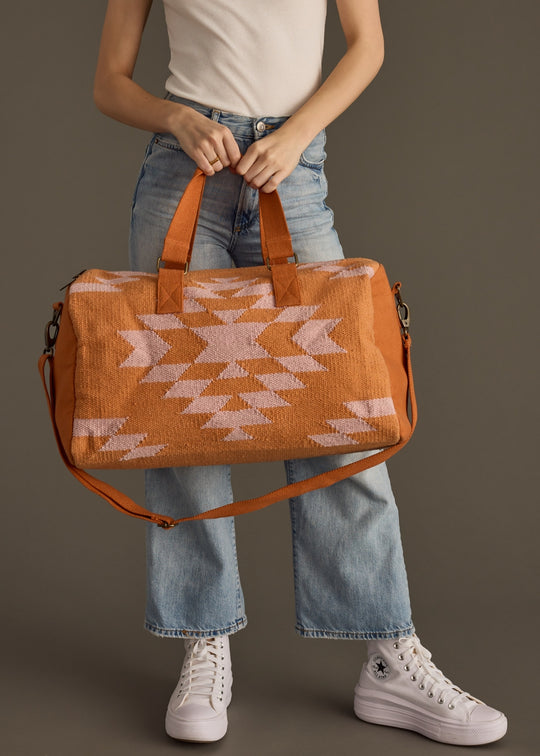 orange and light pink western duffel, colorful duffel bag, spring duffel bag, summer duffel bag, women's duffel bag, weekender bag