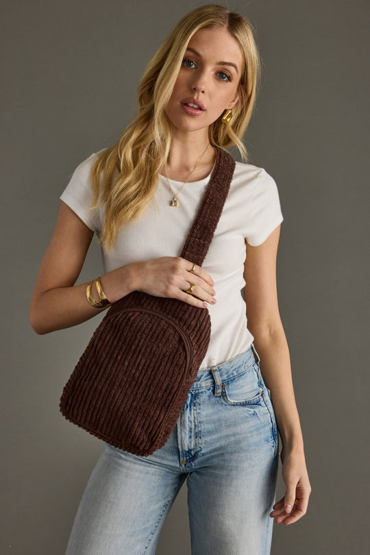 brown corduroy sling bag