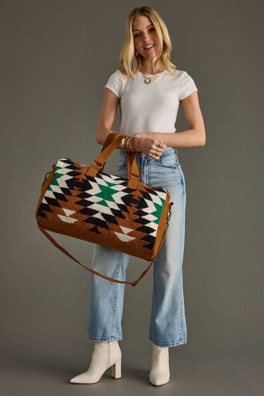 brown, black, green and white western-inspired duffel bag, western duffel, weekender, travel bag, women's duffel