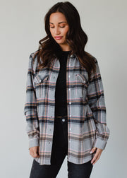 gray, red, camel and black plaid flannel