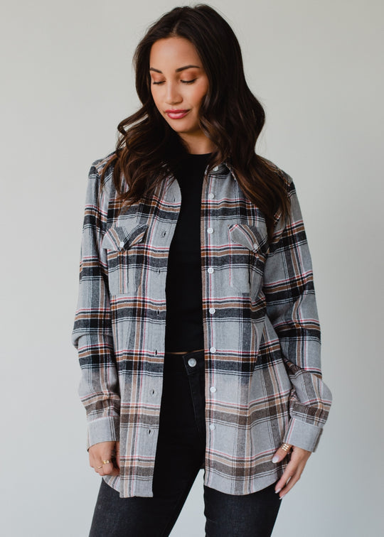 gray, red, camel and black plaid flannel