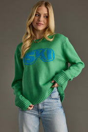green and blue ski goggle sweater, green sweater, ski sweater, colorful sweater, women's sweater, ski trip