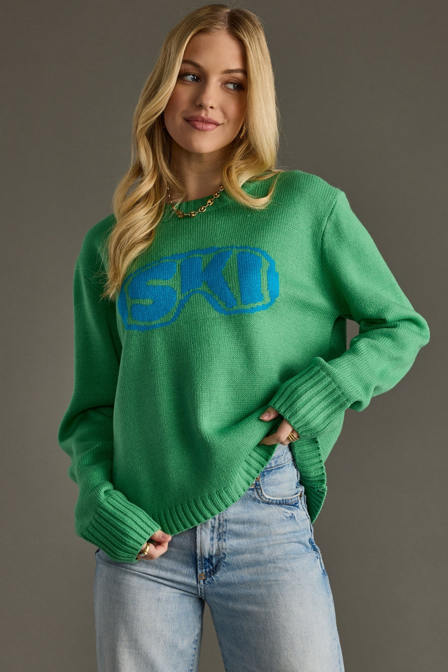 green and blue ski goggle sweater, green sweater, ski sweater, colorful sweater, women's sweater, ski trip