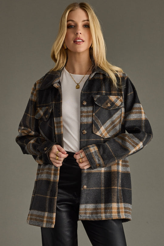 black, tan and gray plaid jacket, women's jacket, neutral jacket, fall jacket, neutral shacket