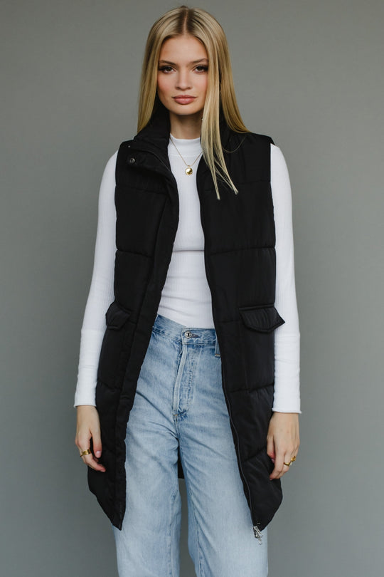 black long puffer vest, black vest, long vest, neutral vest, fall vest, women's vest