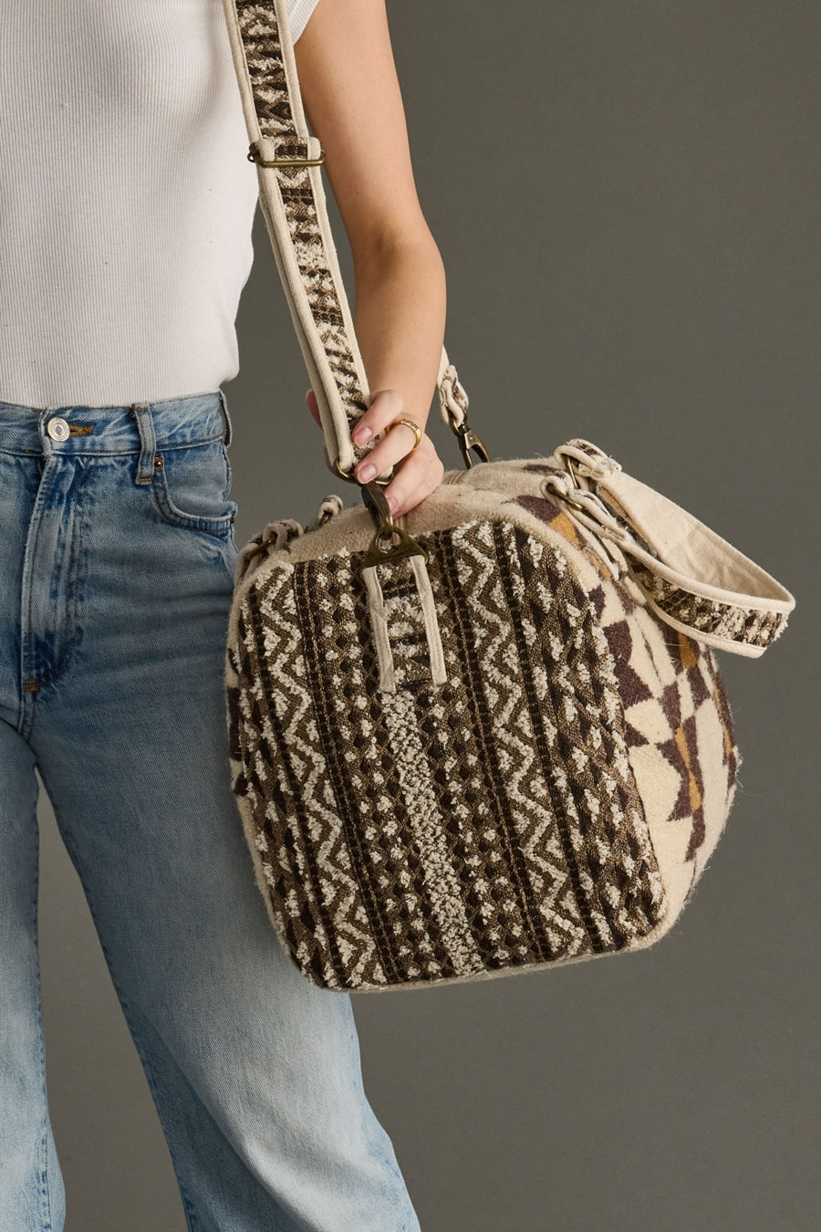 cream, brown and tan western duffel, western-inspired duffel, aztec-inspired duffel, weekender bag, travel bag, women's duffel bag