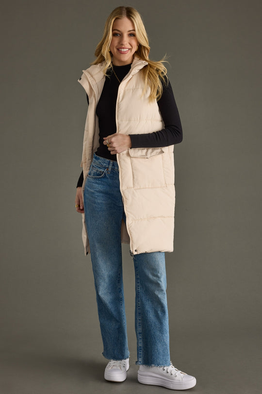 cream long puffer vest, long vest, fall vest, winter vest, neutral vest