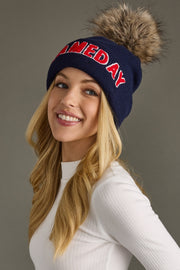 navy and red game day pom hat, navy pom hat, game day hat, winter hat, women's pom hat