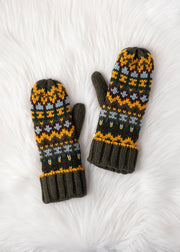 Pair of knitted mittens with a pattern on a white textured background