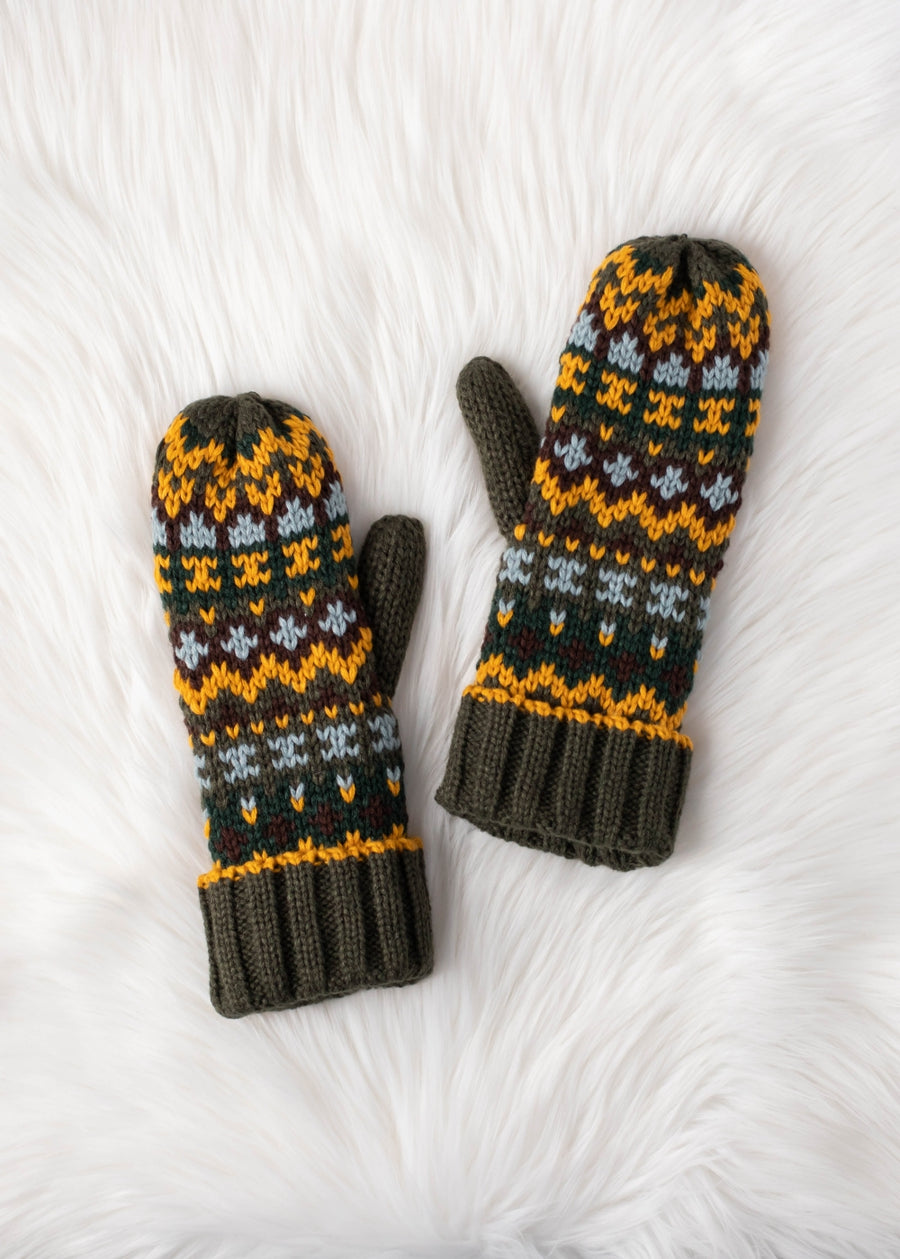 Pair of knitted mittens with a pattern on a white textured background