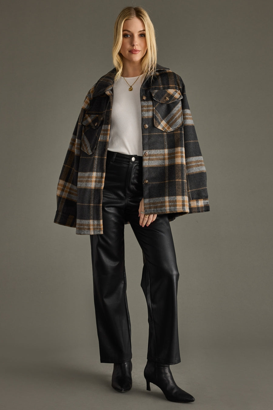 black, tan and gray plaid jacket, women's jacket, neutral jacket, fall jacket, neutral shacket