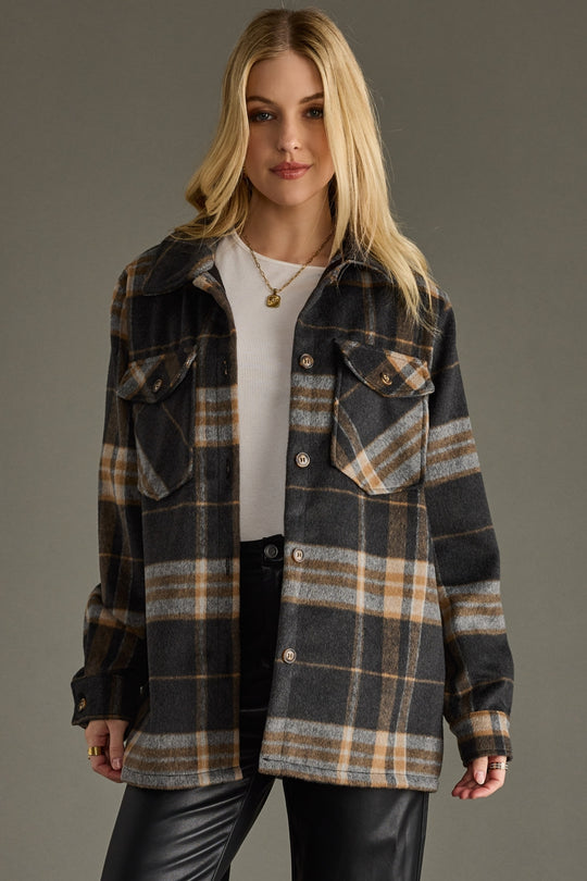 black, tan and gray plaid jacket, women's jacket, neutral jacket, fall jacket, neutral shacket