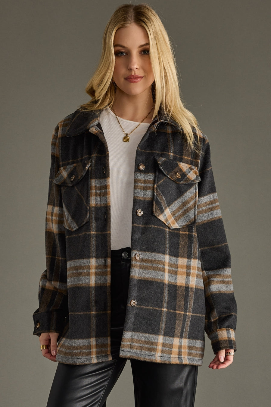black, tan and gray plaid jacket, women's jacket, neutral jacket, fall jacket, neutral shacket