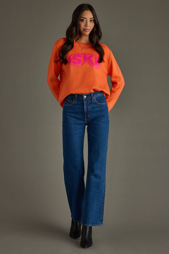 orange and bright pink ski goggles sweater, ski goggles sweater, ski sweater, colorful sweater, orange sweater, women's sweater, ski trip