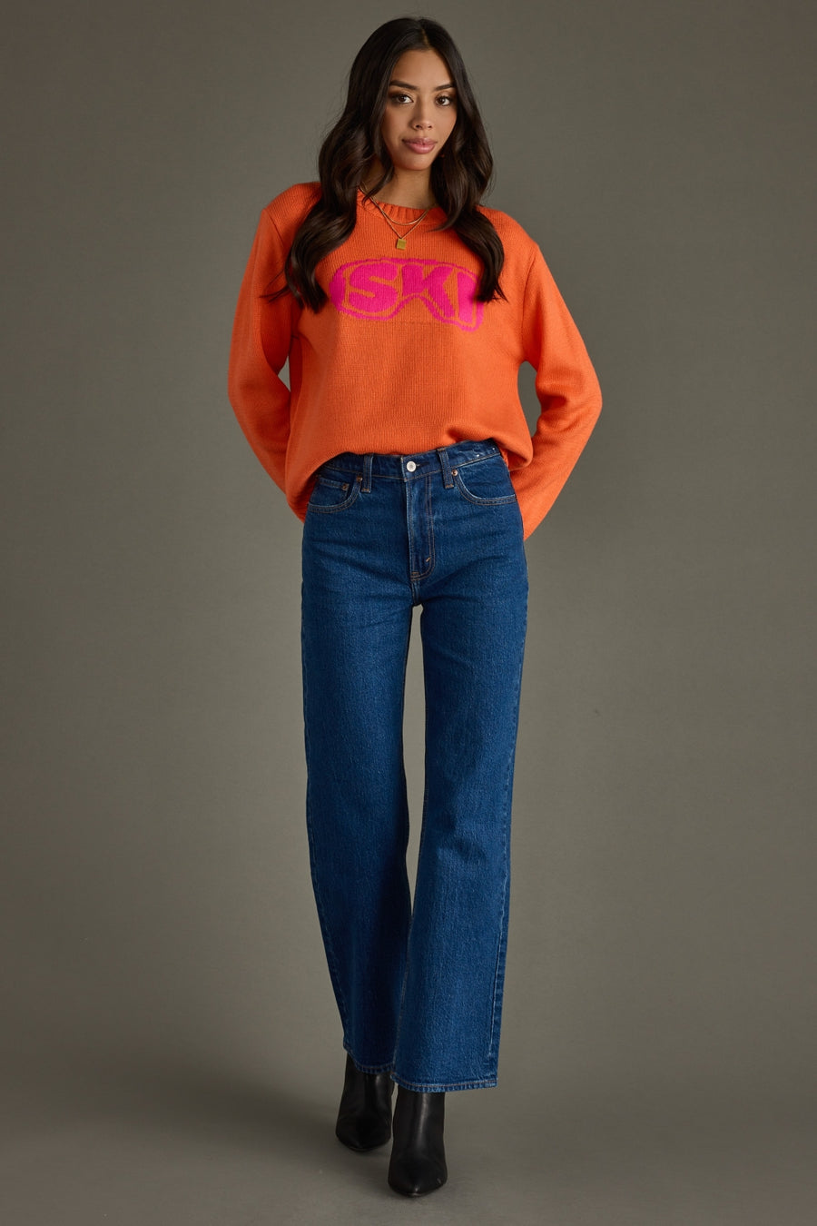 orange and bright pink ski goggles sweater, ski goggles sweater, ski sweater, colorful sweater, orange sweater, women's sweater, ski trip