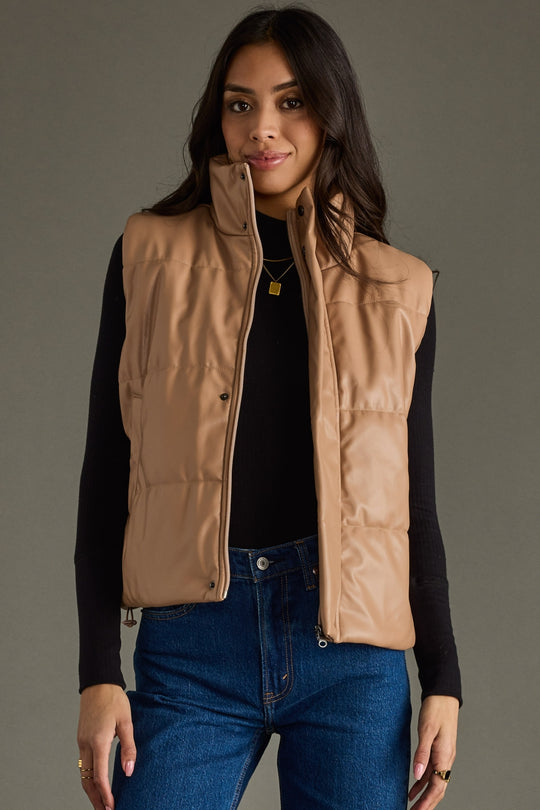 tan leather vest, tan vest, leather vest, vegan leather vest, fall vest, winter vest, neutral vest, women's vest