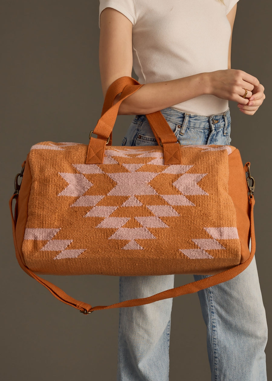 orange and light pink western duffel, colorful duffel bag, spring duffel bag, summer duffel bag, women's duffel bag, weekender bag