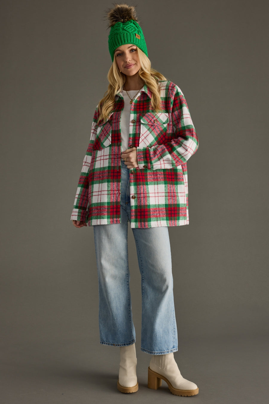 red, green and white plaid jacket, Christmas jacket, Christmas plaid