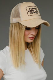 support your local cowboy trucker hat, tan trucker hat, neutral trucker hat, women's trucker hat