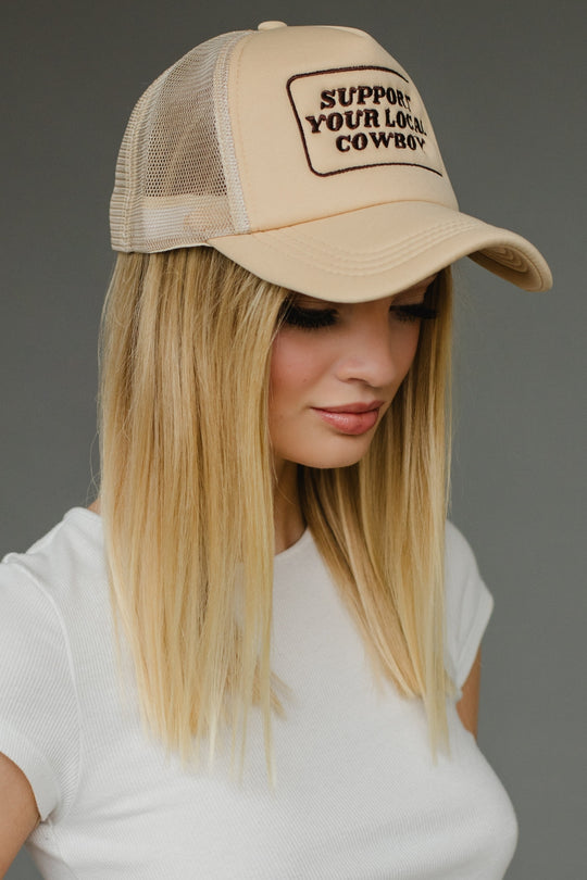 support your local cowboy trucker hat, tan trucker hat, neutral trucker hat, women's trucker hat