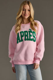 light pink and green apres sweatshirt, apres sweatshirt, light pink sweatshirt, oversized sweatshirt, colorful sweatshirt, women's sweatshirt, ski trip