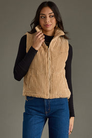Back view of Panache Apparel’s tan Taysha corduroy vest with a classic sleeveless design.