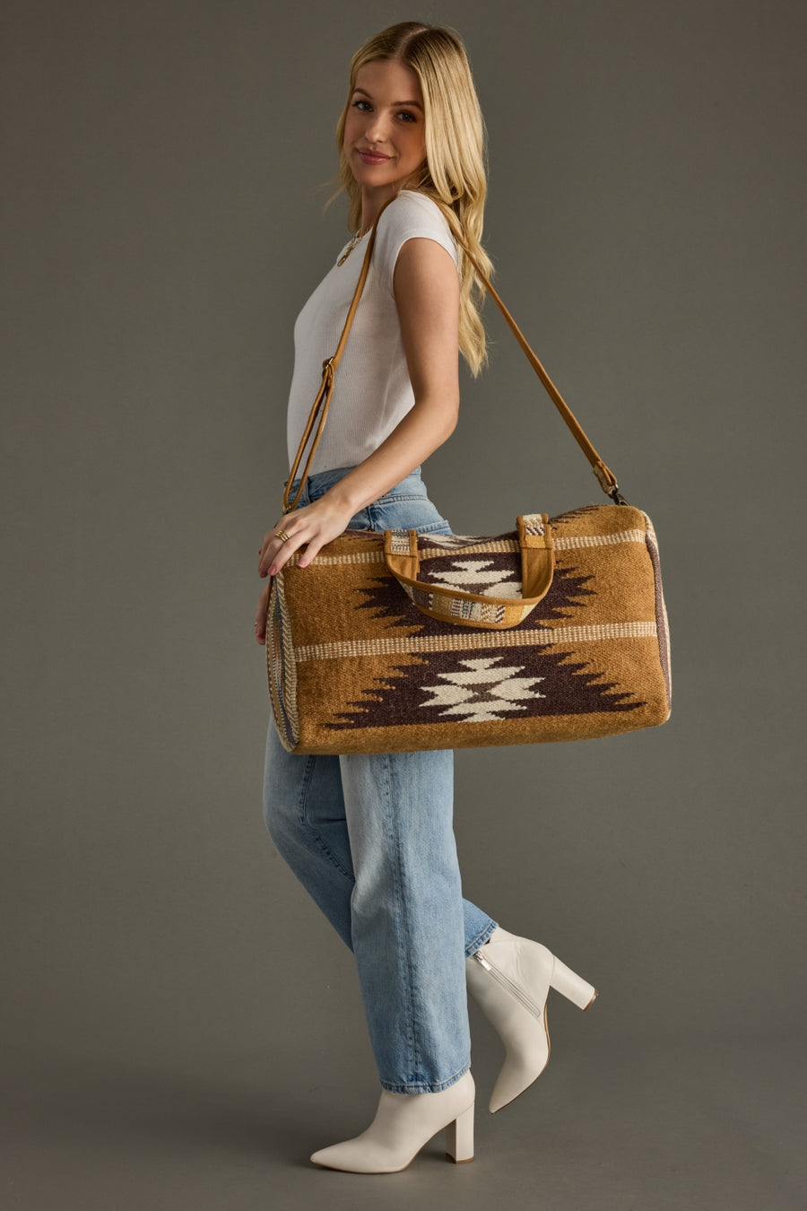tan, brown and cream western duffel, neutral duffel bag, western inspired duffel bag, aztec inspired duffel bag, women's duffel bag, weekender