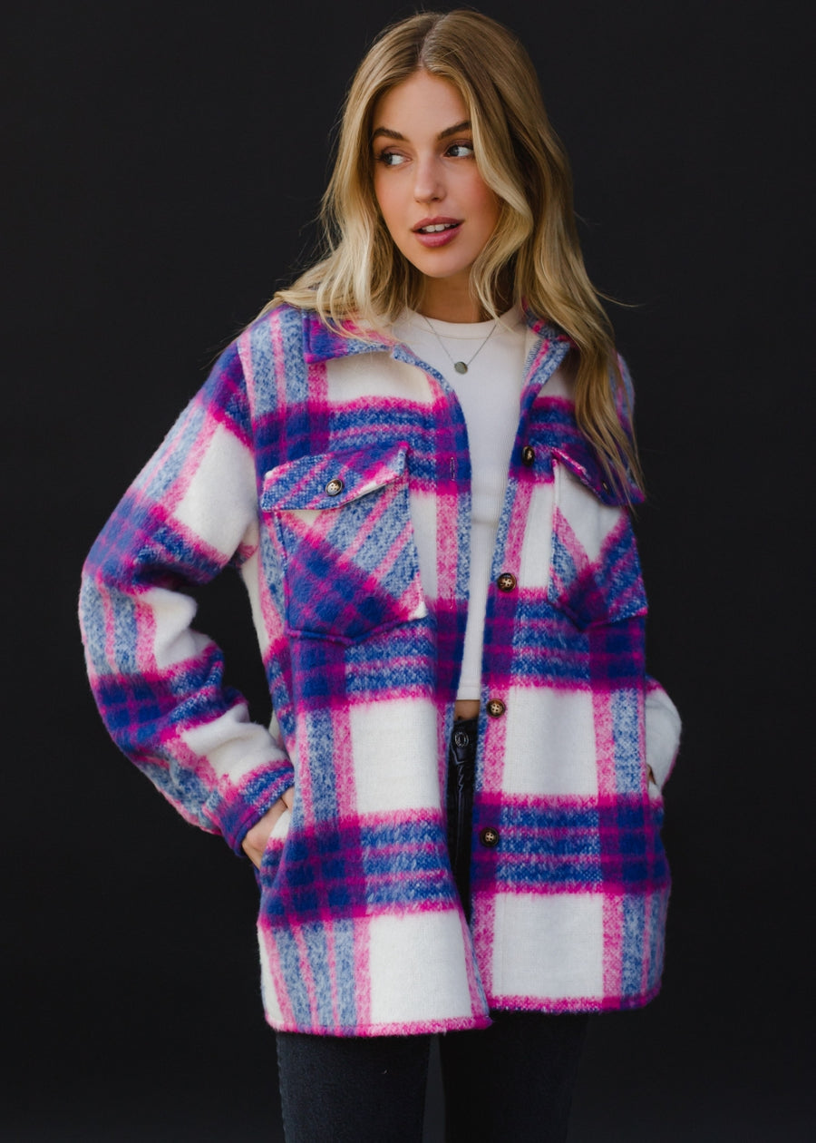 blue, pink and white plaid jacket, colorful jacket